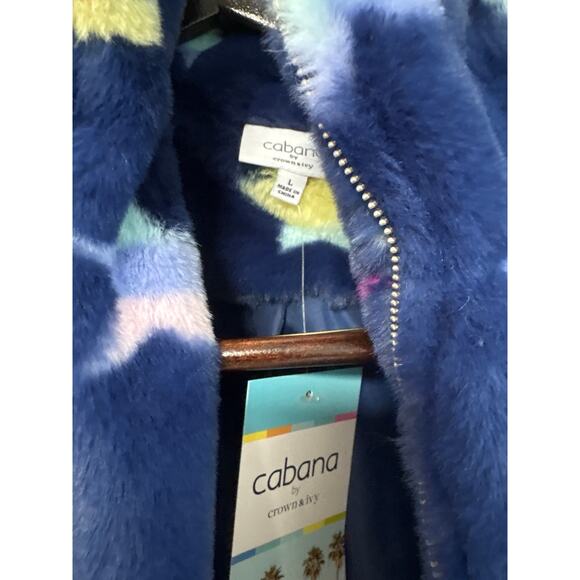 Crown & Ivy Cabana Blue Star Faux Fur Zip Jacket NWT - Picture 2 of 4